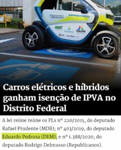 Governo sanciona Lei que garante isenção de IPVA aos carros elétricos